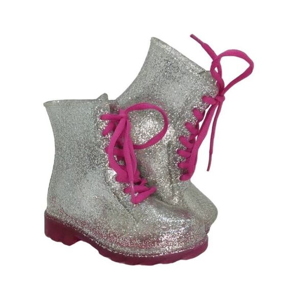 Wonder Nation Toddler Girls Pre-owned Silver/Pink Rubber Rain Boots - sz. 7 1/2 - Picture 1 of 6